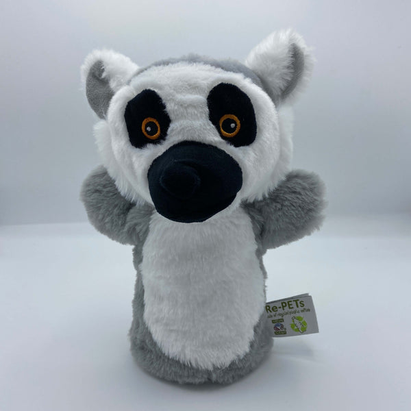 A white and grey ring tailed lemur hand puppet, with black eye markings and nose