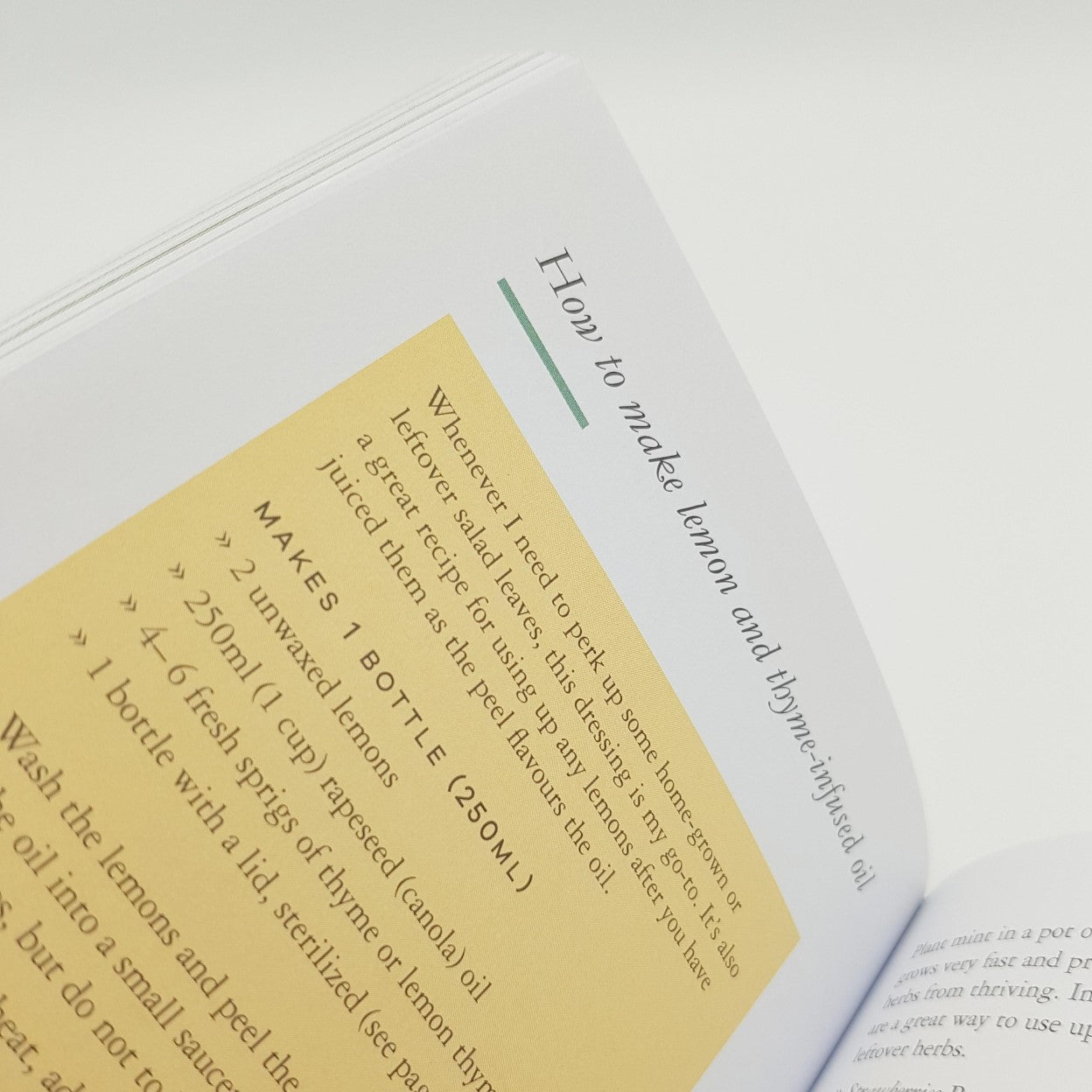 An inside page with the title 'How to make lemon and thyme-infused oil' and a recipe underneath
