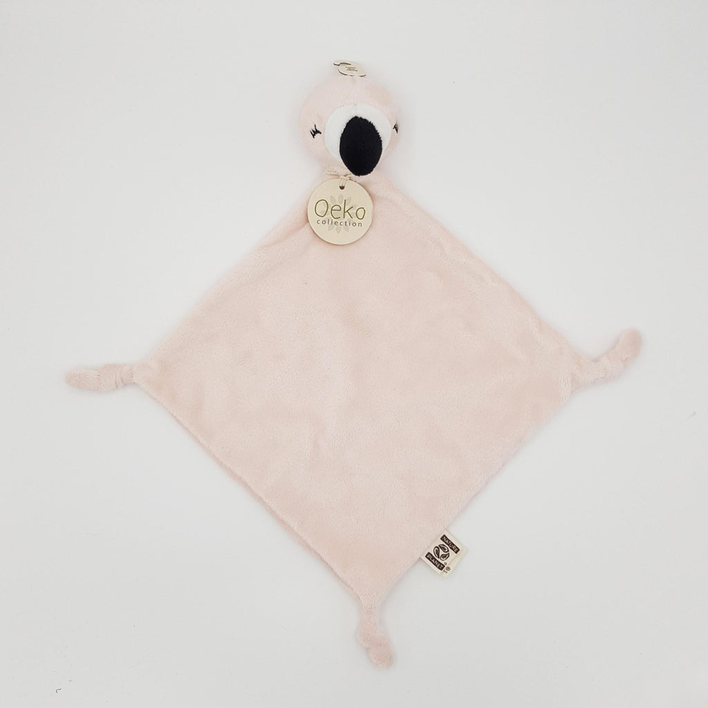 Square pink flamingo soft toy comforter with a flamingo's head at the top,  laid out flat