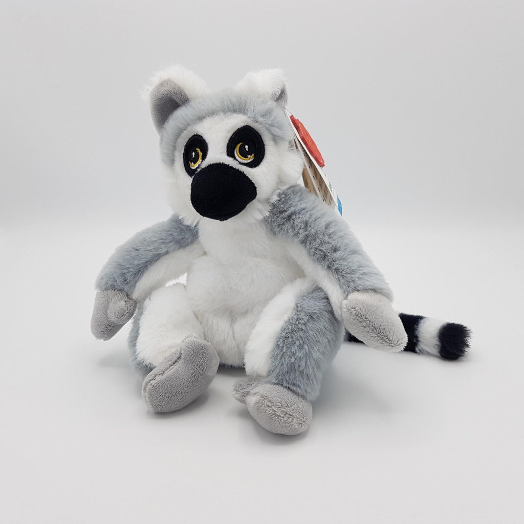 A smaller grey and white lemur plush toy, 18cm, with a black and white striped tail, black eye markings and nose.