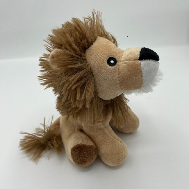 Side image of lion, showing spikey mane and it's tail