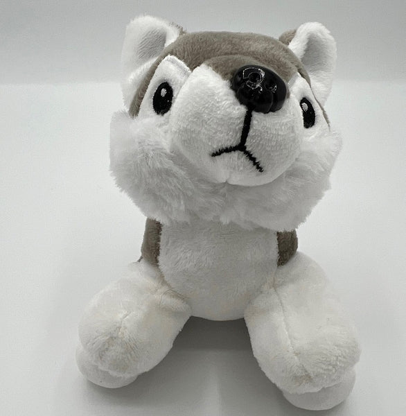 12cm - 15cm Front facing light grey and white wolf plush toy