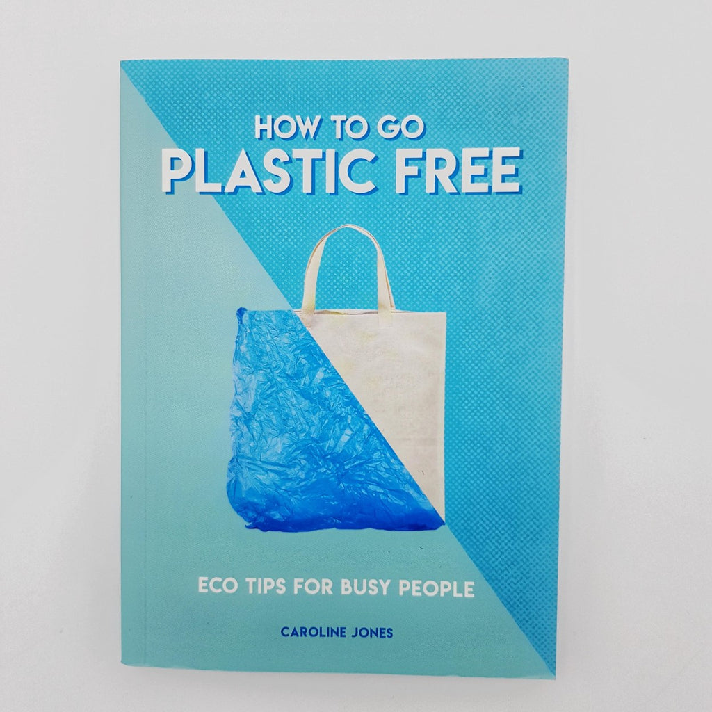 A picture of the front cover of the book "How To Go Plastic Free", showing a bag that is half plastic and half fabric.