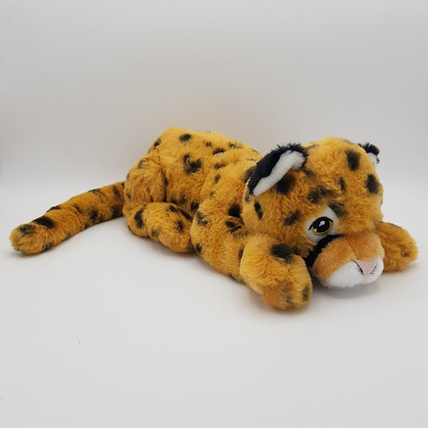 A cuddly orange cheetah eco soft toy with black spots and a pink nose.