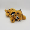 Angled view of a cuddly orange cheetah eco soft toy with black spots and a pink nose.