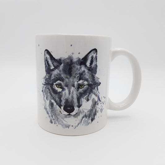 A white ceramic mug with a grey wolf watercolour design.