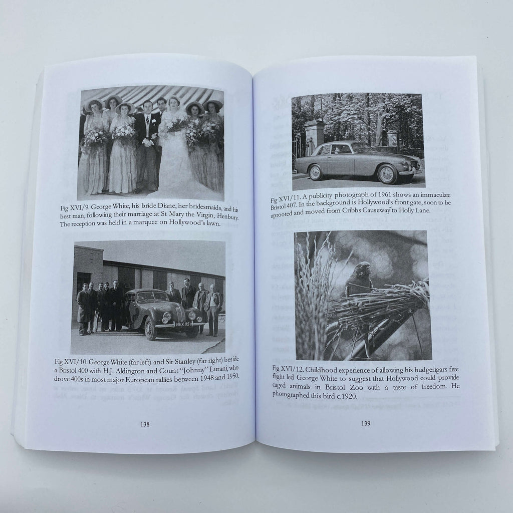 The inside pages of the book "The Story of the Hollywood Tower Estate" including photos of the wedding of George White and a budgerigar.
