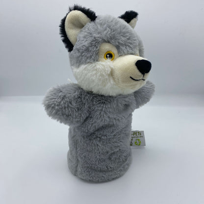 A grey wolf hand puppet