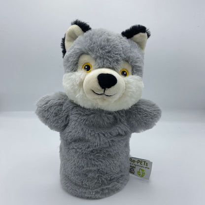 A grey wolf hand puppet