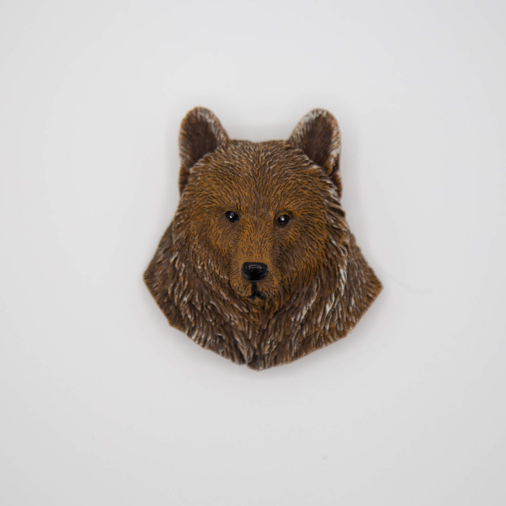 A brown bear head fridge magnet