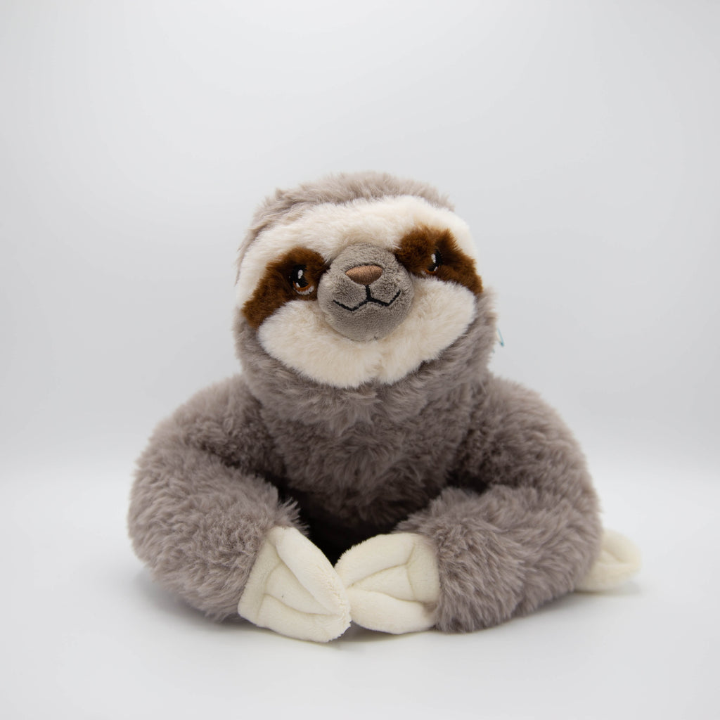 A grey and white sloth eco soft toy, with brown eyes