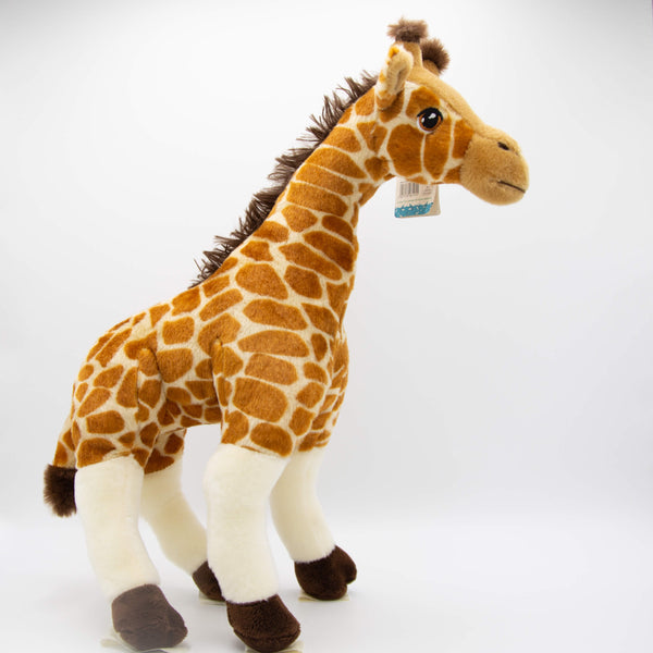 A giraffe eco soft toy, large, with white legs and brown hooves.