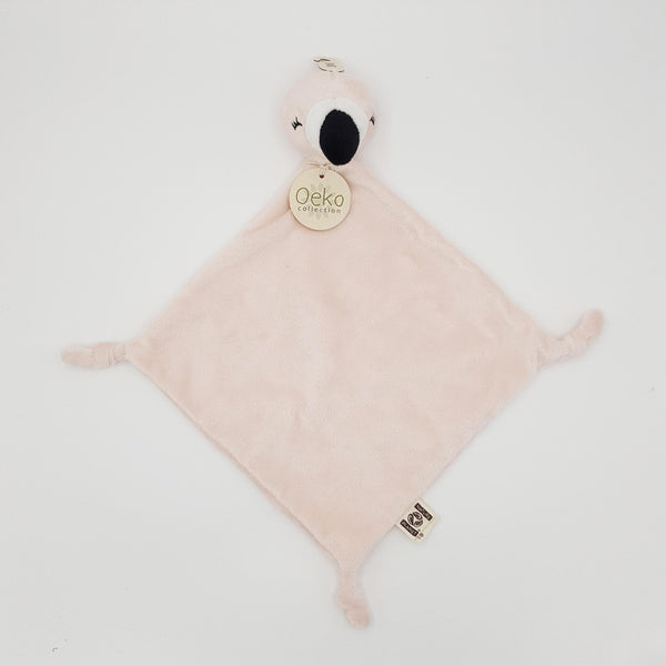Square pink flamingo soft toy comforter with a flamingo's head at the top,  laid out flat
