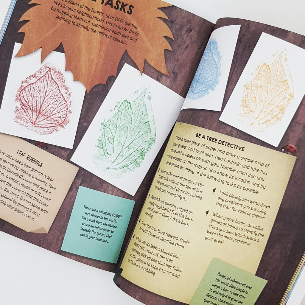 An inside page of the book "Guardians of the Planet" featuring information on trees and images of leaf rubbings.