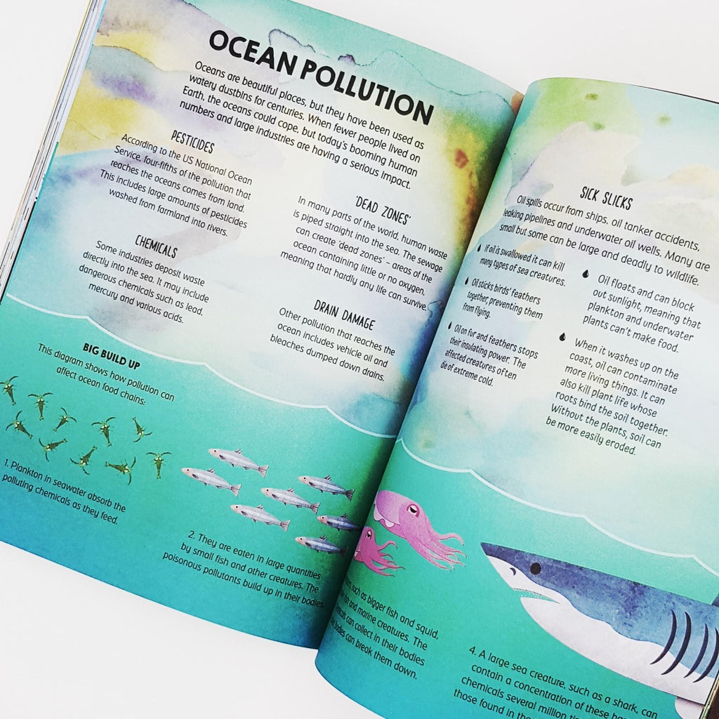 An inside page of the book "Guardians of the Planet" featuring information on ocean pollution and images of fish, squid and a shark.