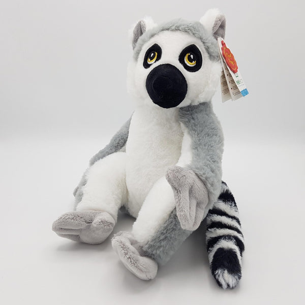 A grey and white lemur plush toy, 25cm, with a black and white striped tail, black eye markings and nose.