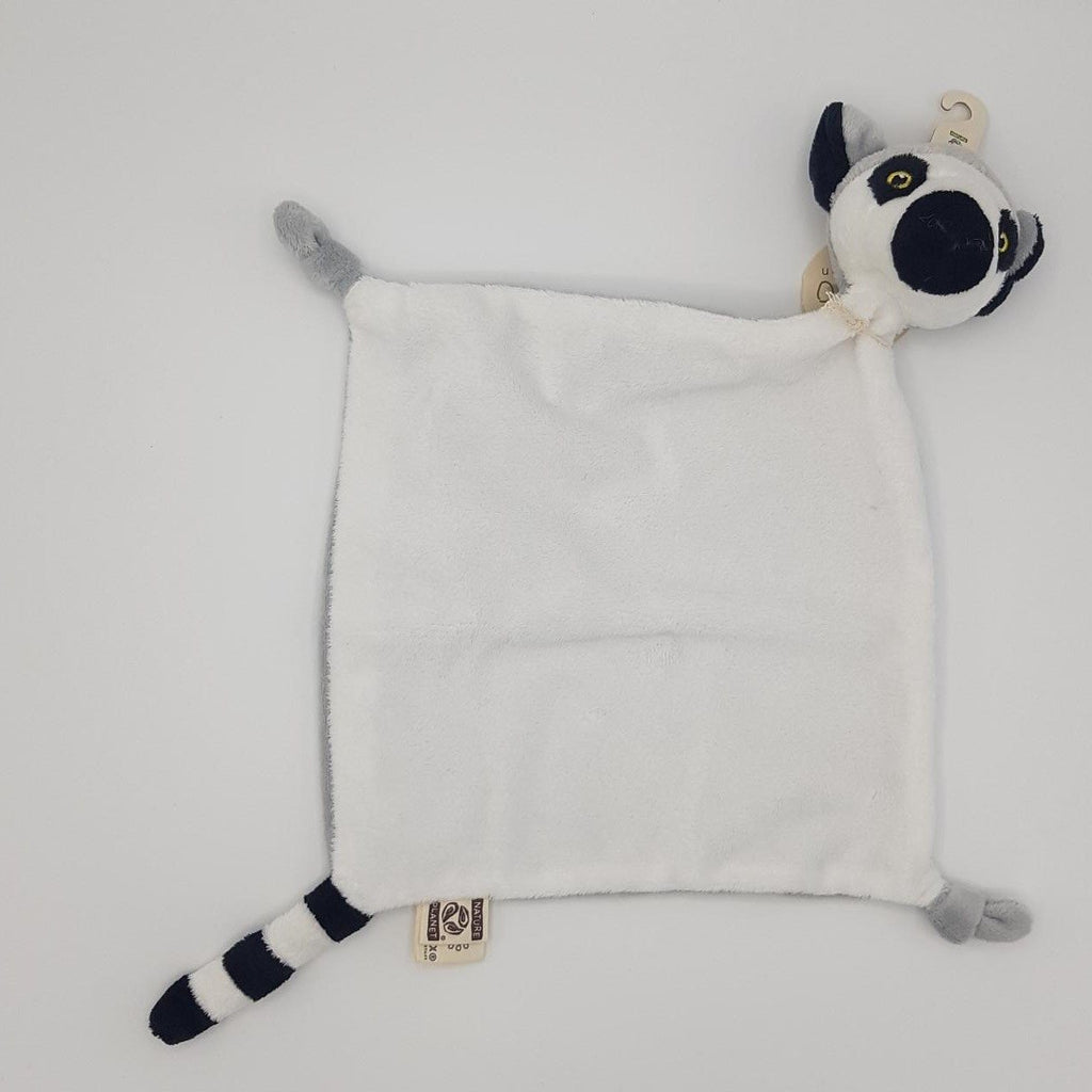 Ring-tailed lemur blanket comforter laid flat. Square blanket with soft white fur, small arms and black and white tail and head.